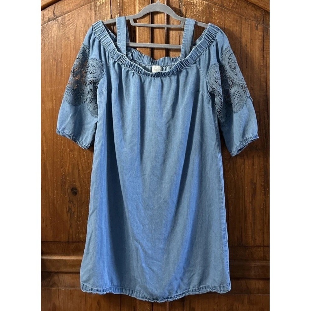 Chicos Chambray Lace Cold Shoulder Shirt Dress Sz 8 Petite (1P)